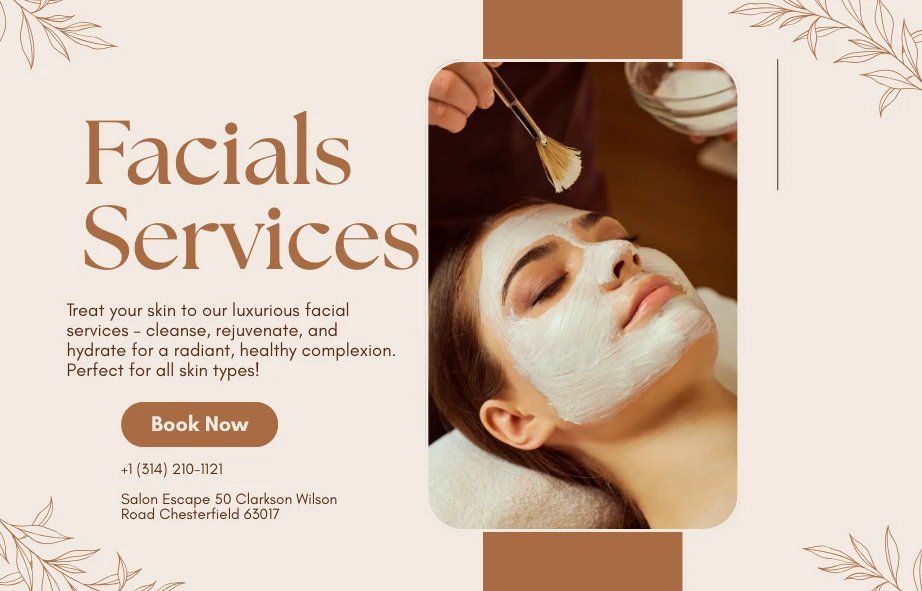 Landing page for facial services at Kaya By Reema, a Chesterfield, MO beauty salon, highlighting skincare options.
