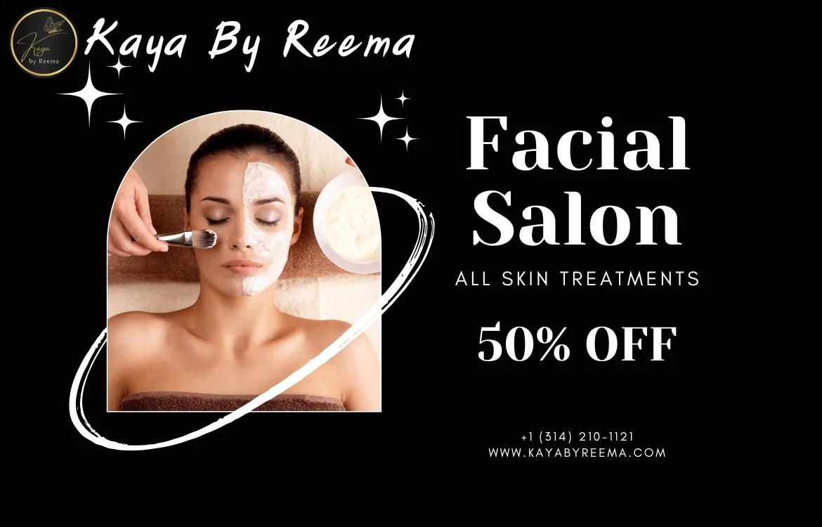 Woman receiving a facial treatment at Kaya By Reema facial salon, promoting professional skincare services and special offers in Chesterfield, Missouri.